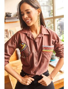 Olalook Women's Bitter Brown Pocket Embroidery Detail Loose Woven Linen Shirt
