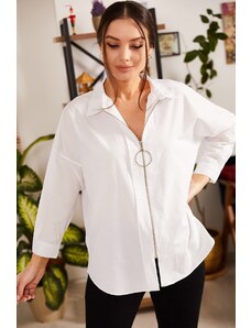 armonika Women's White Loose Zippered Shirt