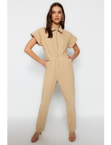 Trendyol Collection Béžová detailná džínsová kombinéza na zips s krátkym rukávom
