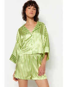 Trendyol Collection Viacfarebná-zelená pruhovaná saténová košeľa-šortky Tkané pyžamá