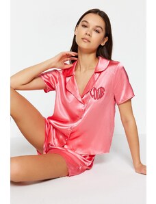 Trendyol Pink Motto Printed Satin Shirt-Shorts Woven Pajamas Set