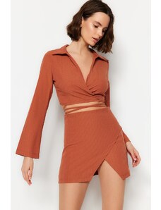 Trendyol Brown Belted Knitted Tie Blouse and Skirt Set