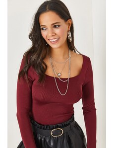 Olalook Claret Red Square Collar Basic Knitwear Blouse