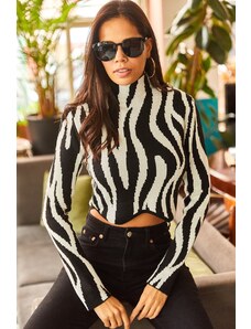 Olalook Women's Black Zebra Standing Collar Padded Asymmetrical Crop Knitwear Blouse