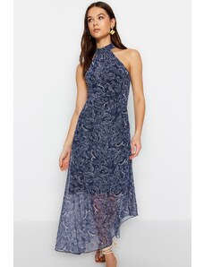 Trendyol Collection Námornícka modrá ohlávka s potlačou na tylové midi šaty