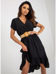ITALY MODA Čierne dámske volánové šaty so zavinovacím výstrihom
