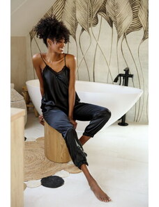 Dkaren Luxusné dámske saténové pyžamo Day čierne, Farba čierna