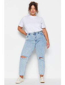 Trendyol Curve Svetlomodré džínsy s vysokým pásom Destroy Mom Fit Jeans