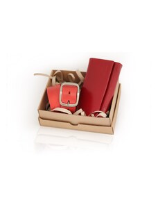 Dámsky darčekový set červený opasok 40C + kožená červená peňaženka - 80