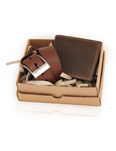 Pánsky darčekový set svetlohnedý kožený opasok Salvador Klasik + kožená peňaženka hnedá B - 90