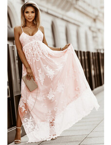 Romantické maxi ružové šaty s kvetinovou krajkou LC619070-15