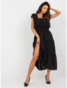 ITALY MODA Čierne dámske romantické šaty s volánmi a s gumičkou v páse