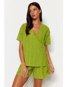 Trendyol Light Green Striped 100% Cotton Viscose Wide Fit T-shirt-Shorts Woven Pajamas Set