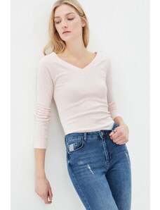 Koton Dámske ružové tričko s dlhým rukávom s výstrihom do V