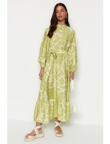 Trendyol Oil Green Belted polokarbonátky s volánikmi na leme, tkané vzorované šaty