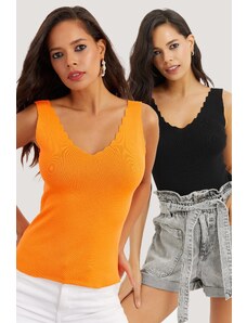 Cool & Sexy Women's Black-Orange Double Ladder Collar Knitwear Blouse YV123