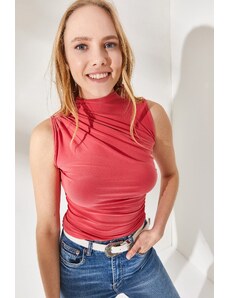 Olalook Women's Pink High Neck Gathered Detailed Crop Blouse