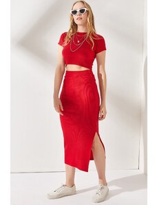 Olalook Women's Red Short Sleeve Slit Skirted Lycra Suit