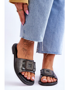 Kesi Women's leather slippers with rhinestones S.Barski - dark silver