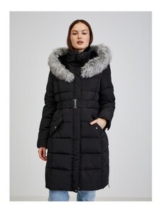 ORSAY Čierny dámsky páperový zimný kabát s kapucňou a umelou kožušinou