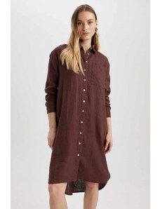 DEFACTO Shirt Collar linen Midi Long Sleeve Dress