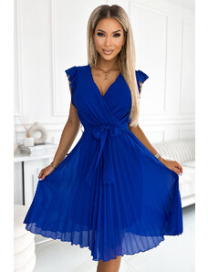 NUMOCO Modré plisované šaty s výstrihom a volánikmi JINNY 374-4