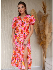FASARDI Kvetinové ružovo-oranžové šaty s volánom