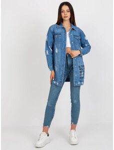 Fashionhunters Blue Long Denim Jacket with Print