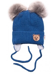 BABY NELLYS Zimná čiapka s fleecom Teddy Bear - chlupáčk. bambuľky - tm. modrá, šedá, veľ. 0-6 mes.