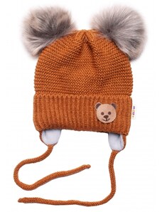 BABY NELLYS Zimná čiapka s fleecom Teddy Bear - chlupáčk. bambuľky - hnedá, šedá, 0-6 mes.