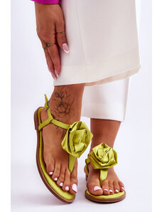 Basic Limetkové saténové nízke sandále s ružou
