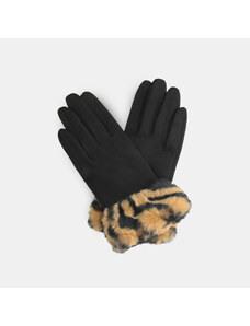 BAŤA Čierne dámske rukavice s tigrovanou kožušinkou