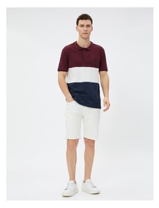 Koton Color Block T-Shirt with Palm Print and Buttons, Short Sleeve Polo Neck T-Shirt.
