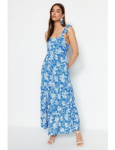 Trendyol Collection Námornícka modrá sukňa so zaväzovacím remienkom, volánikové manšestrové maxi pletené šaty
