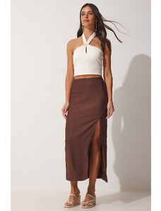 Happiness İstanbul Women's Brown Wrap Pencil Knitted Skirt with Deep Slits