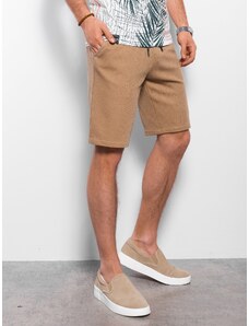 Ombre Men's knitted shorts with decorative elastic waistband - light brown