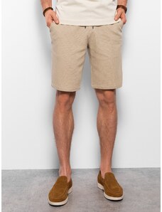 Ombre Men's knitted shorts with decorative elastic waistband - beige