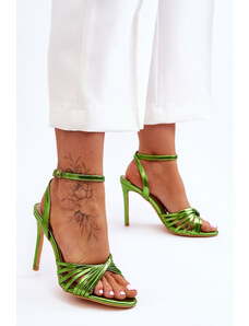 Basic Lesklé zelené sandále pre ženy na ihlicovom podpätku