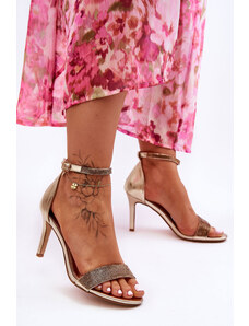 Sweet Shoes Zlaté lesklé sandále pre ženy na vysokom podpätku s trblietavými kamienkami