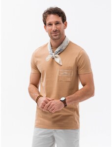 Ombre Clothing Pánske bavlnené tričko s potlačou vreciek - svetlohnedé V6 S1742