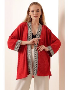 Bigdart 05866 Embroidered Knitted Kimono - Red