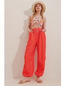 Trend Alaçatı Stili Dámske oranžové dvojvreckové aerobínové ľanové nohavice