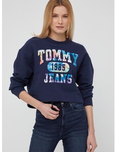 Bavlnená mikina Tommy Jeans dámska, tmavomodrá farba, s potlačou