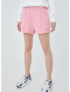 Bavlnené šortky Tommy Jeans dámske, ružová farba, jednofarebné, vysoký pás