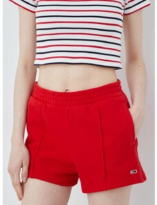 Bavlnené šortky Tommy Jeans dámske, červená farba, jednofarebné, vysoký pás