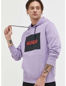 Bavlnená mikina HUGO pánska,fialová farba,s kapucňou,s potlačou,50473168