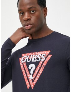 Tričko s dlhým rukávom Guess pánsky, tmavomodrá farba, s potlačou