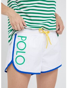 Šortky Polo Ralph Lauren dámske, biela farba, jednofarebné, stredne vysoký pás