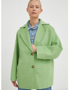 Vlnený kabát American Vintage zelená farba, prechodný, oversize