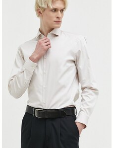 Bavlnená košeľa HUGO pánska,béžová farba,slim,s talianskym golierom,50482056